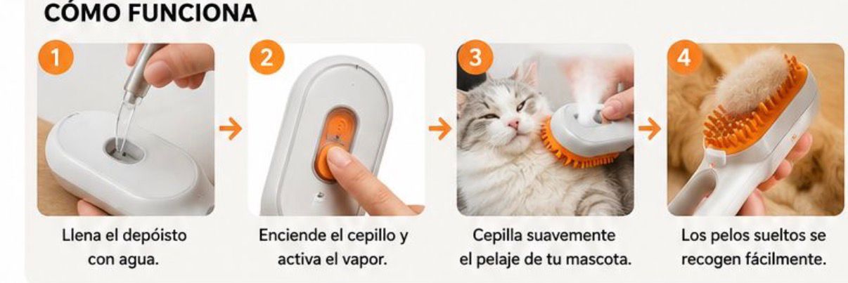 Cepillo Vaporizador 3 en 1 para Perros y Gatos / Elimina Pelo, Limpia e Hidrata