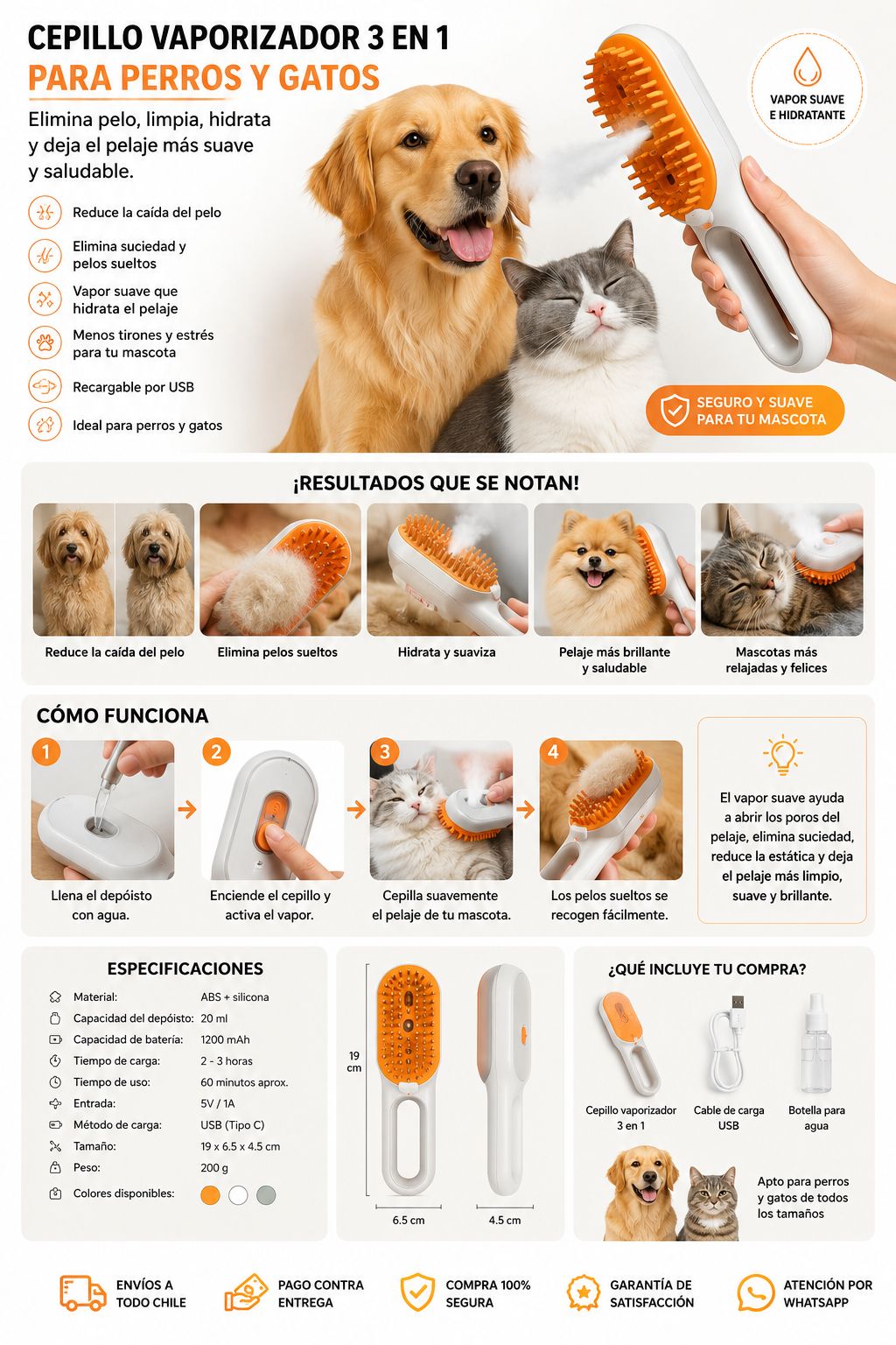 Cepillo Vaporizador 3 en 1 para Perros y Gatos / Elimina Pelo, Limpia e Hidrata